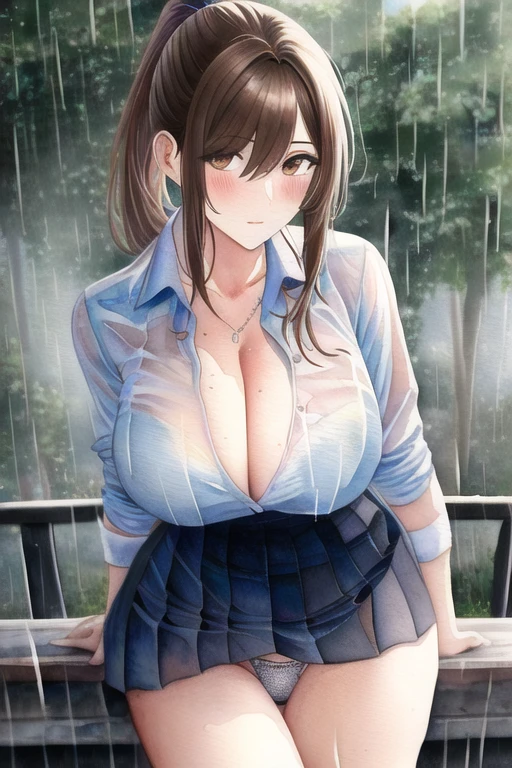 [NovelAI] 馬尾辮 大乳房 戶外的 水彩繪畫 劈裂 傑作 雨 校服 透視 內衣 [插畫]